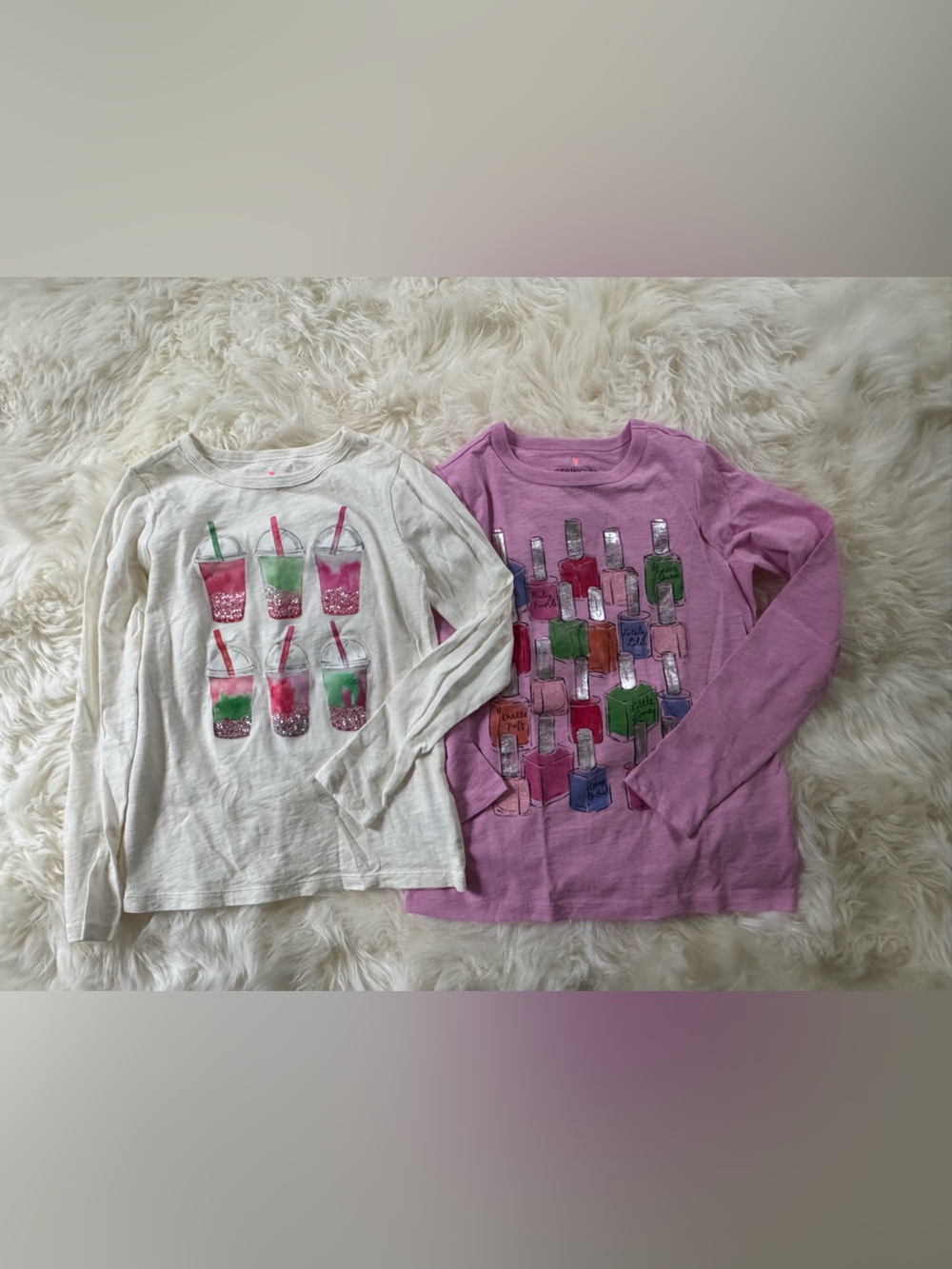 NWOT- two Crewcuts Pink Graphic Long Sleeve Top with boba and nail polish design